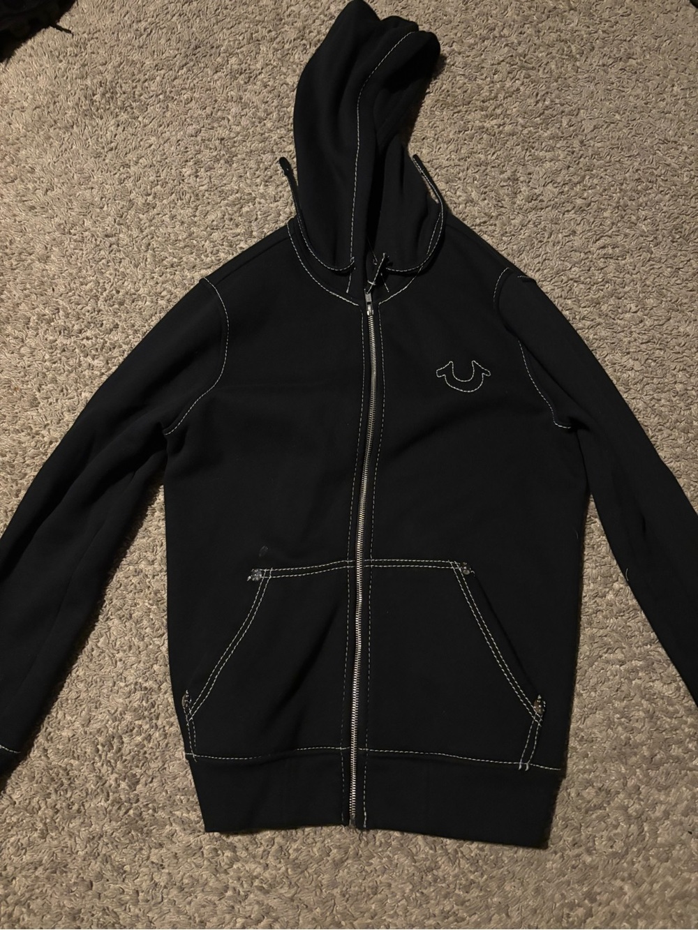 True Religion Black Hoodie with White Contrast Stitching
